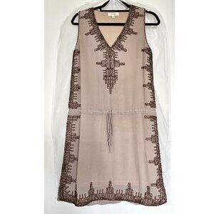 Freeway V-neck Sleeveless Beaded Mini Tunic Dress w- Dust Bag, M, Taupe/Brown
